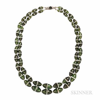 Art Deco Green Tourmaline and Rock Crystal Double-strand Necklace, composed of conical tourmalines spaced by faceted rock crystal ronde