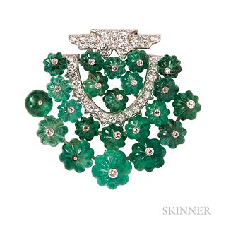 Platinum, Emerald, and Diamond Clip Brooch, set with gadrooned emerald beads, with full- and single-cut diamonds, lg. 1 1/2 x 1 3/8 in.
