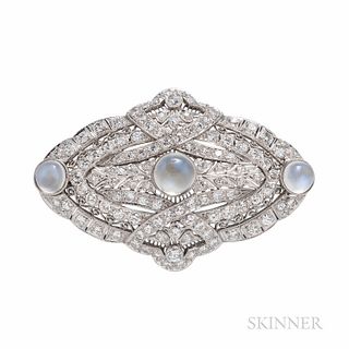 Art Deco Platinum and Diamond Brooch, set with old European- and old single-cut diamonds, approx. total wt. 4.50 cts., millegrain accen