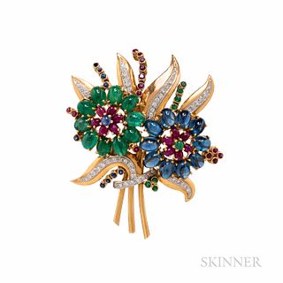18kt Gold Gem-set Flower Pendant/Brooch, set with cabochon and circular-cut sapphires, emeralds, and rubies, with full-cut diamond mele