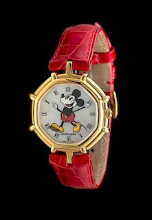 An 18 Karat Yellow Gold and Mother-of-Pearl Painted Mickey Mouse Wristwatch, Gerald Genta for Disney,
