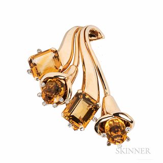 Retro Charlton & Co. Gold, Citrine, and Diamond Clip, depicting stylized calla lilies, set with fancy-cut citrines and single-cut diamo