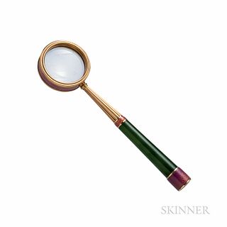 14kt Gold, Enamel, and Nephrite Jade Magnifying Glass, with pink guilloche enamel and nephrite handle, 18.3 dwt, lg. 4 1/16 in.