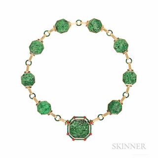 Art Deco Gold, Jade, and Enamel Necklace, the jade plaques depicting birds and flowers, joined by enamel rings and ribbed links, 29.3 d