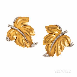Pair of 14kt Gold, Platinum, and Diamond Leaf-form Clip Brooches, c. 1940s, the matte gold leaves set with full- and single-cut diamond