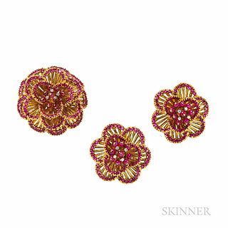 Toliro 18kt Gold, Ruby, and Diamond Earclips and Brooch, Italy, set with circular-cut rubies and ruby beads, single-cut diamond melee a