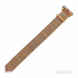 14kt Gold, Ruby, and Diamond Buckle Bracelet, with calibre-cut rubies and full- and single-cut diamonds, 42.1 dwt, total lg. 8 1/8, wd.