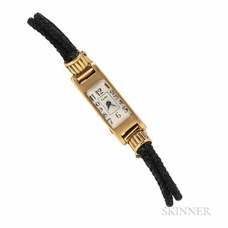 Cartier 18kt Gold Wristwatch, France, the rectangular dial with arabic numeral indicators, backwind European Watch & Clock movement, wi