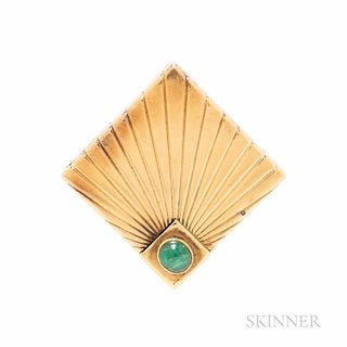 Cartier, Paris, 18kt Gold Lighter, France, c. 1930, the ribbed case with cabochon emerald accent, 31.0 dwt, 1 3/8 x 1 3/8 in., numbered