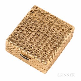 Tiffany & Co. 14kt Gold Travel Clock, the basketweave case with calibre-cut sapphire push-piece, 82.6 dwt, 2 x 1 3/4 x 3/4 in., signed