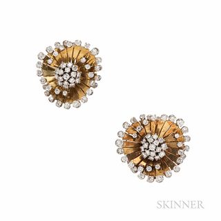 18kt Gold, Platinum, and Diamond Flower Earclips, c. 1950s, set with full-cut diamonds, approx. total wt. 2.00 cts., 14.7 dwt, lg. 1 in