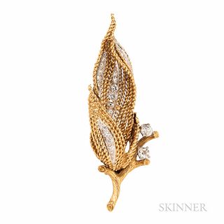 Sterle 18kt Gold and Diamond Brooch, set with old European-, full-, and single-cut diamonds, lg. 3 1/8 in., signed.