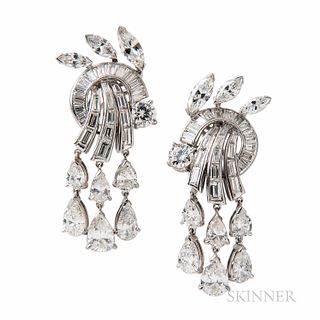 Platinum and Diamond Earrings, c. 1950s, set with full-, marquise-, pear-, and baguette-cut diamonds, approx. total wt. 11.20 cts., 12.