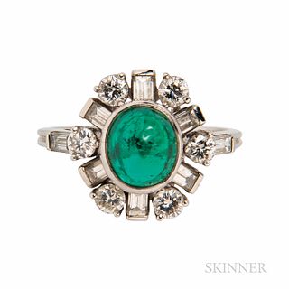 Tiffany & Co. Platinum, Emerald, and Diamond Ring, bezel-set with an oval cabochon emerald measuring approx. 7.50 x 6.70 x 5.30 mm, fra