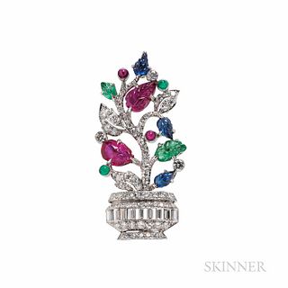 Platinum, Diamond, and Colored Stone "Giardinetto" Brooch, c. 1950s, set with carved ruby, sapphire, and emeralds, and full-and single-