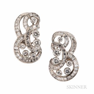 Diamond Earclips, set with full- and baguette-cut diamonds, approx. total wt. 4.50 cts., lg. 1 1/8 in.