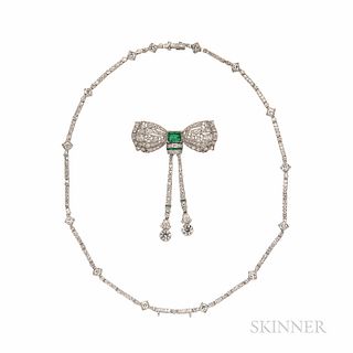 Platinum, Emerald, and Diamond Bow Pendant/Brooch, the Art Deco bow centering an emerald-cut emerald, suspending later drops with bezel