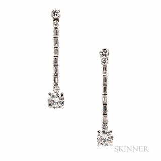 Diamond Earrings, each full-cut diamond drop weighing approx. 0.80 cts., suspended from baguette- and full-cut diamonds, approx. total