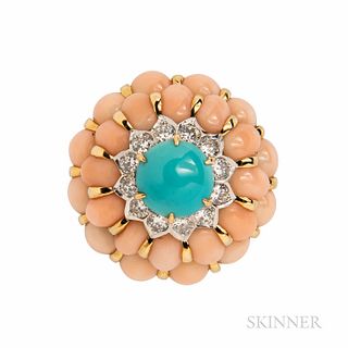 18kt Gold, Coral, Turquoise, and Diamond Dome Ring, the large dome set with a turquoise cabochon, framed by full-cut diamonds, approx.