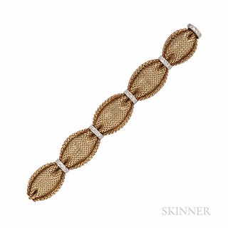 18kt Gold and Diamond Bracelet, the woven gold bracelet with single-cut diamond accents, approx. total wt. 0.75 cts., 36.5 dwt, lg. 7 1
