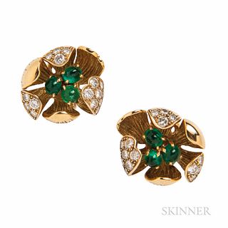 Olga Tritt 18kt Gold, Emerald, and Diamond Earclips, France, set with cabochon emeralds and full-cut diamonds, 12.1 dwt, 7/8 x 3/4 in.,