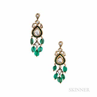 Emerald and Diamond Earrings, India, with foil-back pear-shape diamonds framed by emeralds and suspending emerald beads, set in gold, r