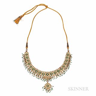 Gold, Enamel, and Diamond Necklace, India, with foil-back diamonds and suspending a fringe of cultured pearls, with green glass beads,