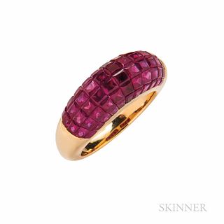 18kt Gold and Ruby Ring, set with calibre-cut rubies, size 5 1/4.