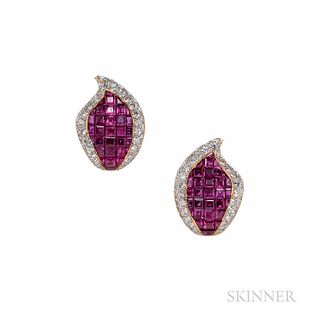 18kt Gold, Ruby, and Diamond Earrings, with calibre-cut rubies, total wt. 10.51 cts., and full-cut diamonds, total wt. 2.99 cts., 9.0 d