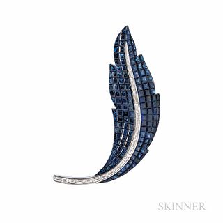 18kt White Gold, Sapphire, and Diamond Feather Brooch, set with calibre-cut sapphires, total wt. 22.07 cts., and baguette-cut diamonds,