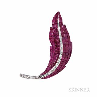 18kt White Gold, Ruby, and Diamond Feather Brooch, set with calibre-cut rubies, total wt. 21.99 cts., and baguette-cut diamonds, total