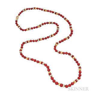 Buccellati 18kt Bicolor Gold and Coral Bead Necklace, Italy, the coral beads graduating slightly from approx. 6.50 to 8.50 mm, lg. 40 1