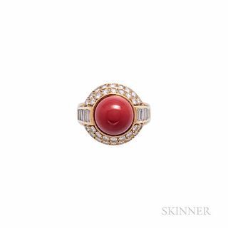 Tiffany & Co. 18kt Gold, Coral, and Diamond Ring, the coral bead measuring approx. 11.50 mm, framed by full-cut diamonds, the shoulders