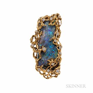 Arthur King 18kt Gold, Opal, and Diamond Brooch, c. 1969, set with an opal measuring approx. 2 1/4 x 15/16 in., and full-cut diamonds,