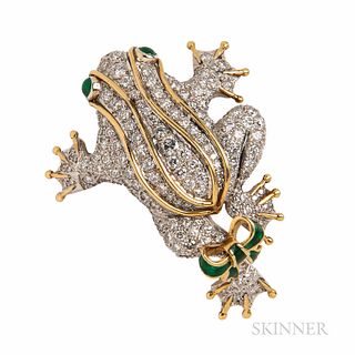 18kt Gold, Diamond, and Enamel Brooch, designed as frog with bead-set full-cut diamond body, cabochon emerald eyes, and a green enamel