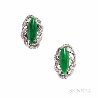 14kt White Gold, Jade, and Diamond Earclips, set with navette-form cabochon jades measuring approx. 26.00 x 7.80 x 3.25 and 28.00 x 7.7