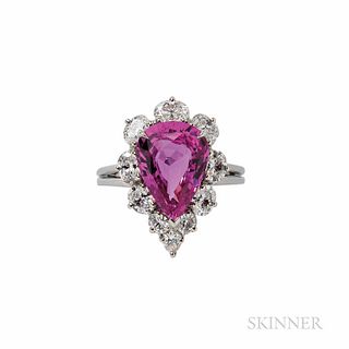 Oscar Heyman Platinum, Pink Sapphire, and Diamond Ring, set with a pear-shape pink sapphire weighing 7.16 cts., and one pear- and nine
