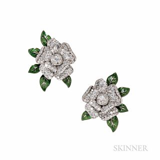 Oscar Heyman Platinum, Enamel, and Diamond Gardenia Earrings, set with full-cut diamonds, total wt. 6.40 cts., 27.0 dwt, 1 1/2 x 1 1/4