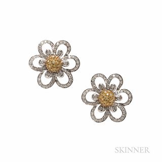 18kt Gold, Colored Diamond, and Diamond Earrings, set with yellow diamonds and diamonds, approx. total wt. 3.25 cts., 12.6 dwt, lg. 1 1