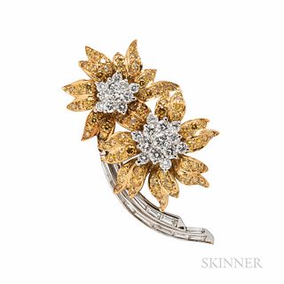 Platinum and 18kt Gold, Colored Diamond, and Diamond Flower Brooch, set with full- and baguette-cut diamonds, approx. total wt. 5.00 ct