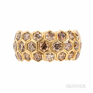 18kt Gold and Colored Diamond Ring, the wide band set with forty-eight hexagonal-cut diamonds, total wt. 9.59 cts., 10.0 dwt, size 7.