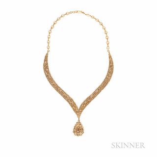 22kt Gold and Rose-cut Diamond Necklace, with pendant drop, 27.9 dwt, the drop measuring approx. 1 1/4 x 3/4, lg. 17 in.