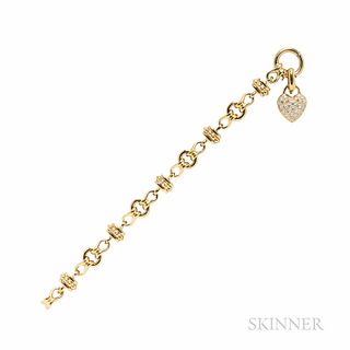 18kt Gold and Diamond Bracelet, with pave-set diamond heart, approx. total wt. 1.25 cts., 22.5 dwt, lg. 6 7/8 in.