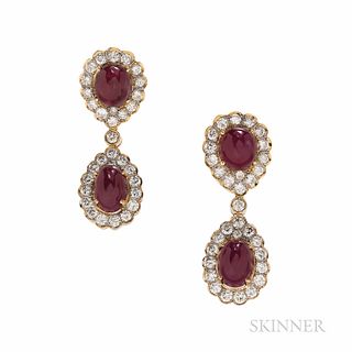 18kt Gold, Ruby, and Diamond Day/Night Earrings, set with ruby cabochons and full-cut diamonds, approx. total diamond wt. 3.75 cts., 12