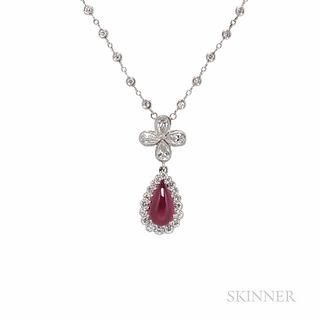 Platinum, Ruby, and Diamond Necklace, prong-set with a pear-shape cabochon ruby measuring approx. 11.90 x 6.80 x 3.83 mm, framed by ful