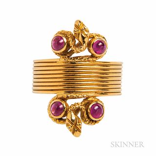 Lalaounis 18kt Gold and Ruby Snake Ring, Greece, set with cabochon rubies, size 8 1/4, maker's mark.