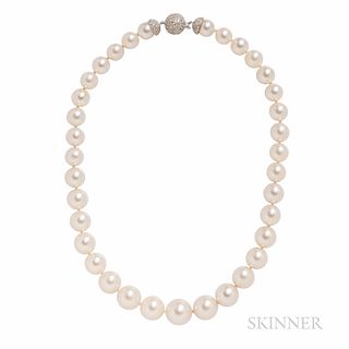 South Sea Pearl Necklace, retailed by Saks Fifth Avenue, the thirty-five pearls graduating in size from approx. 10.00 to 15.00 mm, comp