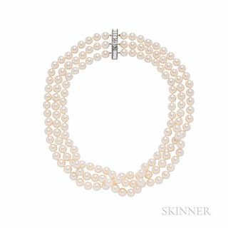Cultured Pearl and Diamond Necklace, composed of three strands of pearls, each pearl measuring approx. 8.00 mm, the clasp set with a ma