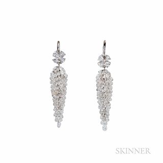 Platinum and Diamond Briolette Earrings, designed as a cascade of diamond briolettes, lg. 2 1/8 in.