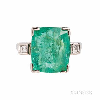 Emerald and Diamond Ring, the rectangular cushion-cut emerald measuring approx. 13.00 x 11.20 x 8.00 mm, flanked by square-cut diamonds